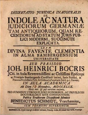 Diss. iur. inaug. de indole ac natura iudiciorum Germaniae tam antiquorum quam recentiorum ad statum iuris publice moderni succincte explicata
