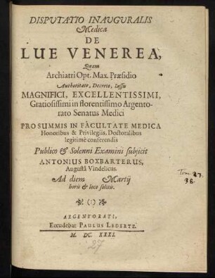 Disputatio Inauguralis Medica De Lue Venerea
