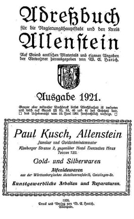Adressbuch für die Regierungshauptstadt und den Kreis Allenstein : auf Grund amtlichen Materials und eigener Angaben der Einwohner herausgegeben