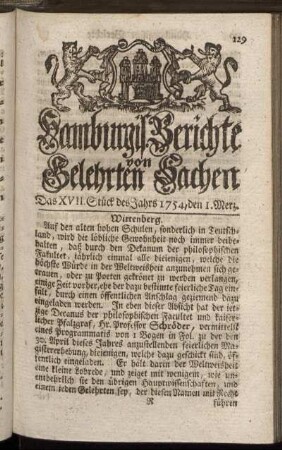 Das XVII. Stück des Jahrs 1754, den 1. Merz. - Das XXV Stück des Jahrs 1754, den 29 Merz.