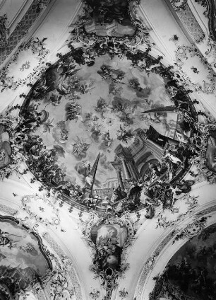 Pfingsten und die Verehrung der Ecclesia durch die vier Erdteile : Pfingsten und die Verehrung der Ecclesia durch die vier Erdteile. Deckenmalerei (1764; J. J. Zeiller, F. A. Zeiller). Ottobeuren, Benediktinerabtei Ottobeuren, Klosterkirche Sankt Theodor Sankt Alexander