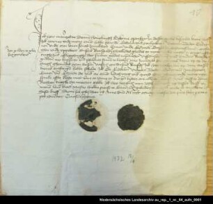 Der Häuptling Hero Maurits von Dornum quittiert der Gräfin Theda und dem Grafen Enno I. von Ostfriesland über 1000 Gulden = OUB II, Nr. 1091, S. 174 Aufgedrücktes Siegel 1 und 2 beschädigt erhalten