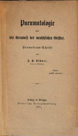 Pneumatologie oder die Kenntniß des menschlichen Geistes