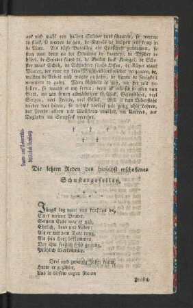 Die letzten Reden des hieselbst erschossenen Schustergesellen.