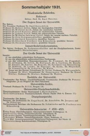 [Personalverzeichnis für das Sommerhalbjahr 1931]