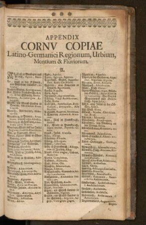 Appendix Cornucopiae Latino-Germanici Regionum, Urbium, Montium & Fluviorum