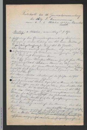 Protokolle - Abschrift zur 25. Generalversammlung des ADF 1909 in Darmstadt