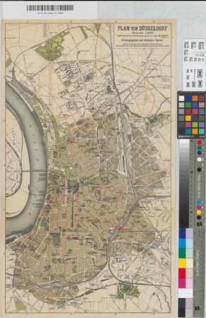 Plan von Düsseldorf. Angefertigt durch das Stadt-Vermessungsamt im Jahre 1902. Walraff Obergeometer. Herausgegeben vom Verkehrs-Verein / Lith. Druck u. Verlag von Franz Rangette & Söhne, Düsseldorf / Musterregister No. 573