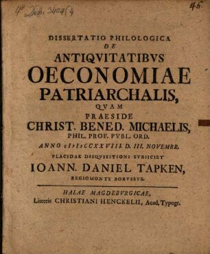 Dissertatio Philologica De Antiqvitatibvs Oeconomiae Patriarchalis