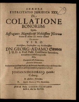 Exercitatio Iuridica XXX. De Collatione Bonorum