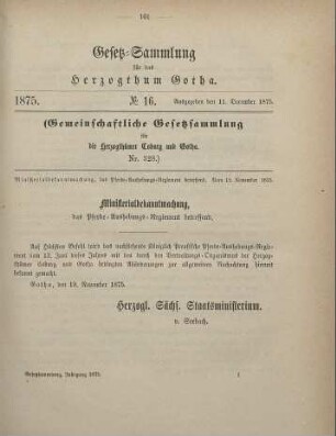 16. Ministerialbekanntmachung, das Pferde-Aushebungs-Reglement betreffend. Vom 19. November 1875