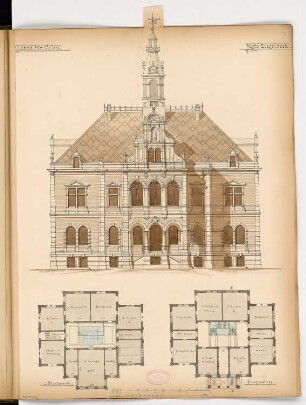 Rathaus, Calau Monatskonkurrenz März 1879: Grundriss Erdgeschoss, Obergeschoss, Aufriss Vorderansicht; 2 Maßstabsleisten