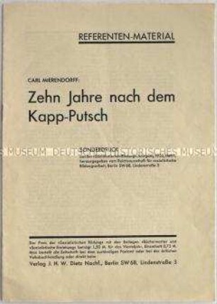 Sonderdruck aus der Reihe "Sozialistische Bildung" zur Lage in der Weimarer Republik im Jahr 1930 (Referentenmaterial)