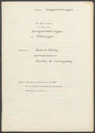 Fragebogen und Karte Langenbeutingen, OA Öhringen