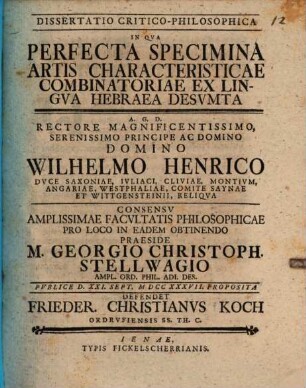 Dissertatio critico-philosophica in qua perfecta specimina artis characteristicae combinatoriae ex lingua hebraea desumta
