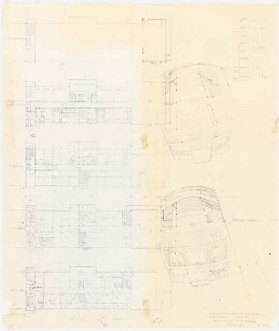 Institut für evangelische Kirchenmusik, Domchor und Internat, Schleswiger Ufer, Berlin-Tiergarten: 5 Grundrisse, 1 schematischer Schnitt 1:200, (von Inv.nr. 40085, Inv.Nr. 40087 aufgeklebt)