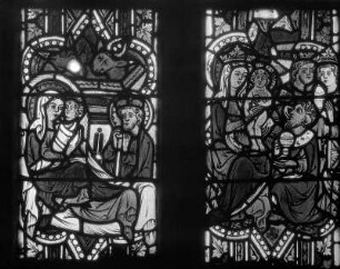 Glasfenster mit Christuszyklus : Glasfenster mit Christuszyklus. Glasmalerei (1346/1355). Geburt Christi und die Anbetung durch die Heiligen Drei Könige. Sankt Ruprecht ob Murau, Pfarrkirche, Chor