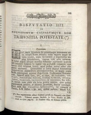 Disputation IIII. De Augustorum Caesarumque Rom Tribunitia Potestate.