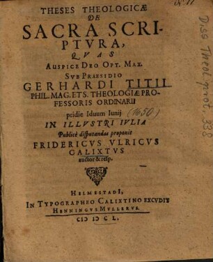 Theses Theologicae De Sacra Scriptvra [Scriptura]