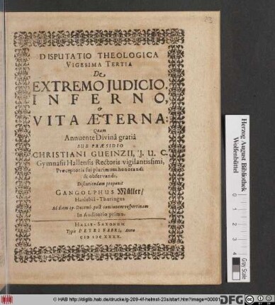 Disputatio Theologica Vigesima Tertia De Extremo Iudicio, Inferno, & Vita Aeterna