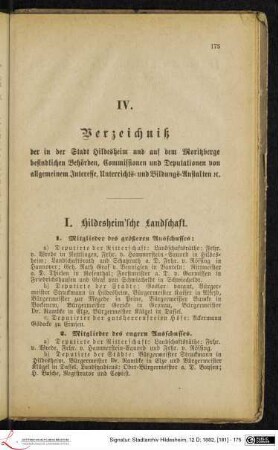 IV. Verzeichniß der in der Stadt Hildesheim und auf dem Moritzberge befindlichen Behörden, Commissionen und Deputationen von allgemeinem Interesse, Unterrichts- und Bildungs-Anstalten etc.