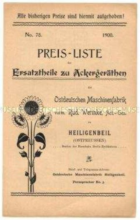 Preisliste über Ersatzteile für Ackergeräte