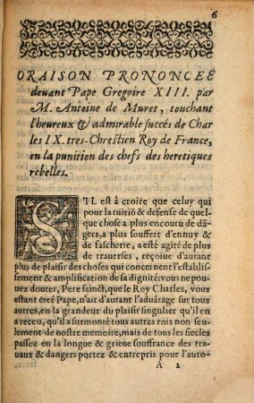 Oraison Prononcee Devant Le Pape Gregoire XIII ... touchant l'heureux & admirable succés de Charles IX. tres-Chrestien Roy de France, en la punition des chefs des Heretiques rebelles