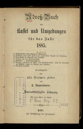Jg. 52.1885: Adreß-Buch von Kassel und Umgebungen : für das Jahr 1885