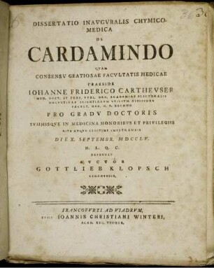 Dissertatio Inauguralis Chymico-Medica De Cardamindo