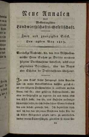 Zwey und zwanzigstes Stück. Den 29sten May 1817