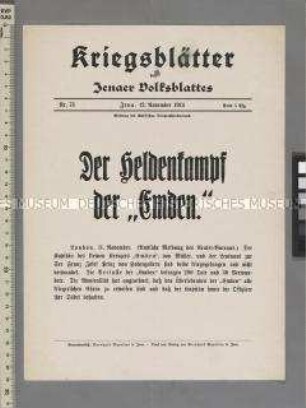 Extrablatt des "Jenaer Volksblattes" u.a. zur Versenkung des deutschen Kreuzers "Emden"