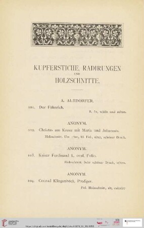 Kupferstiche, Radirungen und Holzschnitte (Nr. 101 - 251)