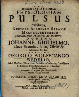 Dissertatio Medica, Physiologiam Pulsus exhibens
