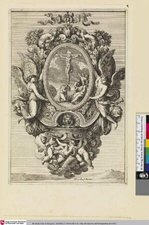 [Entwurf eines Weihwasserbeckens mit einem Gemälde der Kreuzigung; Au-dessus d'un paysage, un bénitier orné d'une Crucifixion]