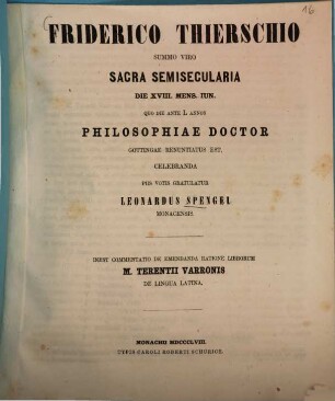 Commentatio de emendanda ratione librorum M. Terentii Varronis de lingua latina