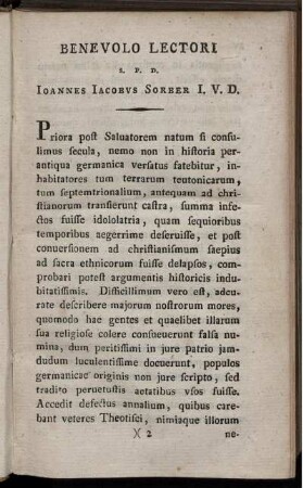 Benevolo Lectori S.P.D. Joannes Jacobus Sorber I.V.D.