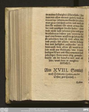 Am XVIII. Sontag nach Trinitatis/ Lection aus der Ersten, zun Corinth. 1.