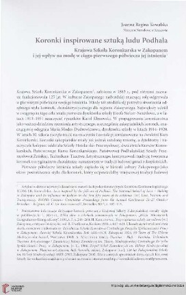 Seria nowa: Koronki inspirowane sztuką ludu Podhala : Krajowa Szkoła Koronkarska w Zakopanem i jej wpływ na modę w ciągu pierwszego półwiecza jej istnienia