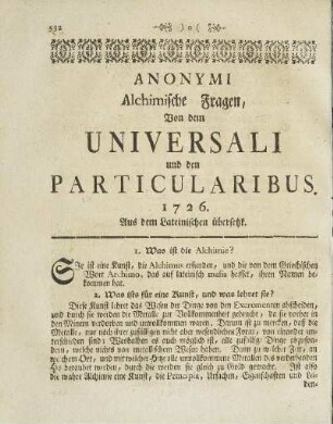 II. Anonymi Alchymische Fragen von dem Universali und den Particularibus