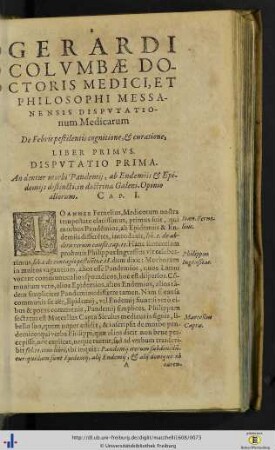 Gerardo Columba: De Febris pestilentis cognitione & curatione, Liber primus.
