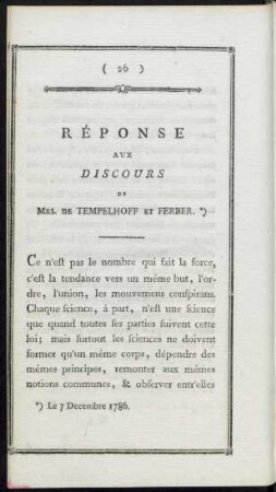 Réponse Aux Discours De Mrs. De Tempelhoff Et Ferber