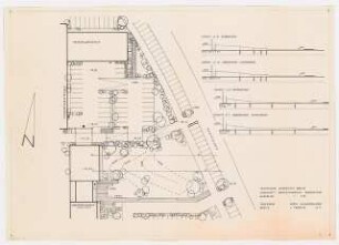Elektrotechnische Institute der Technischen Universität Berlin (Nordgelände): Ausschnitt Grünflächenplan mit Pflanzplan und 4 Schnitte 1:200