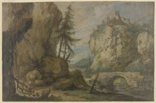 Links hohe Felsen mit Tannen, rechts auf hohen Felsen eine Burg, über dem Bach eine steinerne Brücke