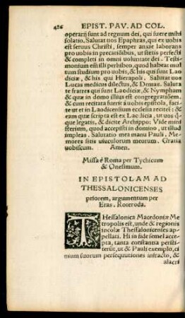 In Epistolam Ad Thessalonicenses priorem, argumentum per Eras. Roteroda.