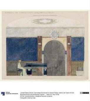 Darmstadt, Musiksaal im Neuen Palais, Aufriss der Wand mit der Brunnennische und weiblichen Figuren am Flügel