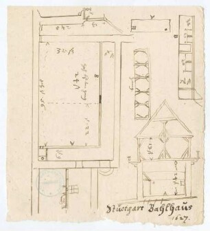 Aufriss, Grundriss und Geländer im Ballhaus (Quart, Tinte)