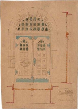 Dolmetsch, Heinrich; Stuttgart; Markuskirche - Tür zum Ostportal (Grundriss, Ansicht, Schnitt)