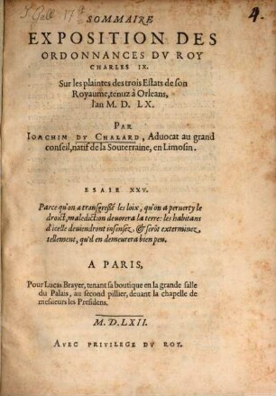 Sommaire exposition des ordonnances du roy Charles IX. sur les plaintes des trois Estats de son Royaume tenuz à Orleans l'an 1560