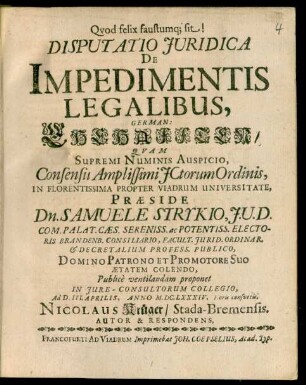 Disputatio Iuridica De Impedimentis Legalibus, German: Ehehafften