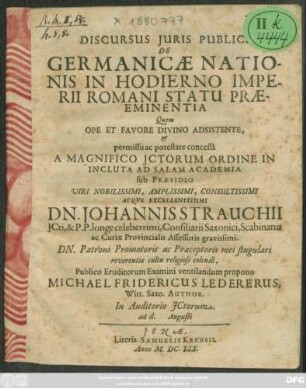 Discursus Iuris Publici De Germanicae Nationis In Hodierno Imperii Romani Statu Praeeminentia